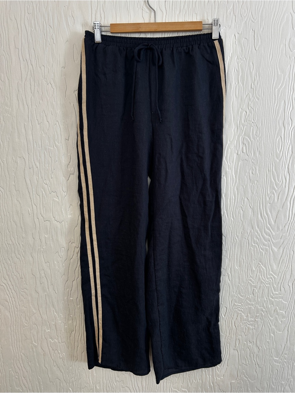 Linen Blend Side Stripe Wide Leg Pant Navy Blue Size Medium Track Beach Travel